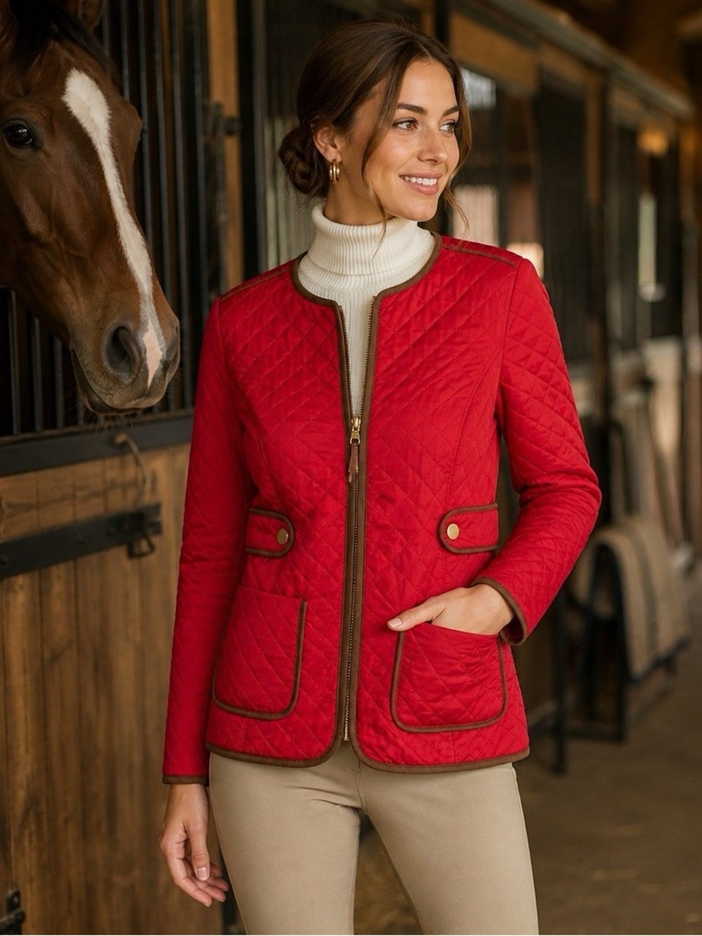 Charter Club Red Plum Quilted Equestrian Barn Horse Zip Jacket Size Large L